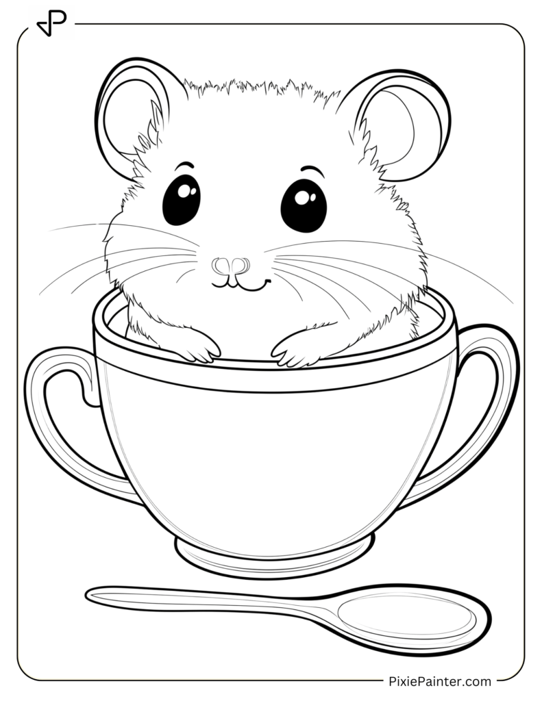 Coloring Page Where Tiny Hamster Sitting In A Teacup With Spoon