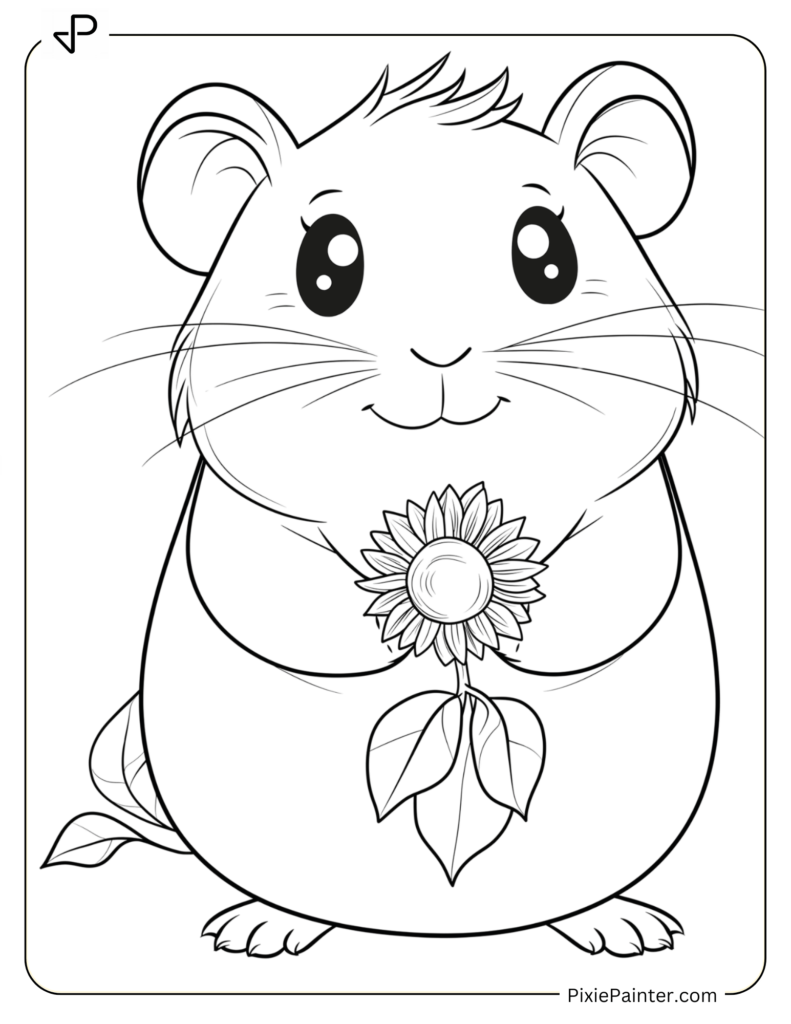 Coloring Page Where Cute Hamster Holding A Tiny Sunflower Cheerfully