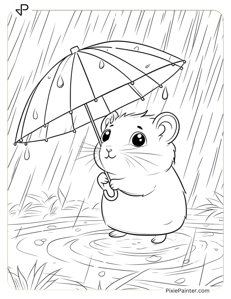 Coloring Page Where Hamster Holding A Tiny Umbrella In Rain