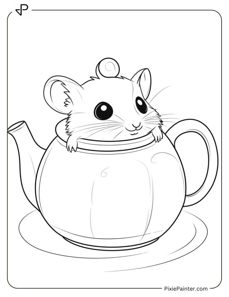 Coloring Page Where Tiny Hamster Hiding Inside A Giant Teapot