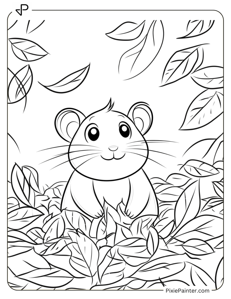 Coloring Page Where Hamster Playing Hide-And-Seek Among Leaves