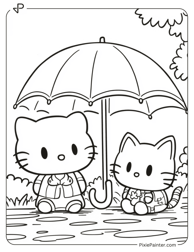 Hello Kitty And Chococat Sitting Under An Umbrella