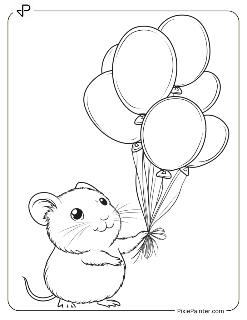 Coloring Page Where Hamster Floating With Bright Balloons