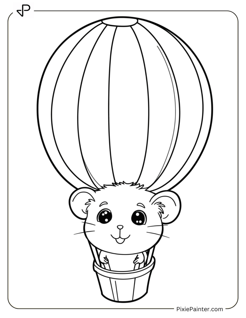 Coloring Page Where Tiny Hamster In A Cute Hot Air Balloon