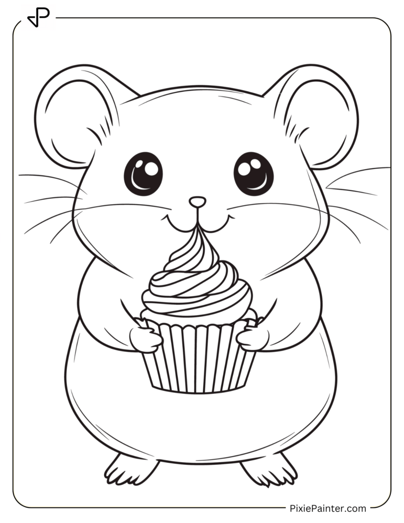 Coloring Page Where Hamster Happily Holding A Delicious Cupcake