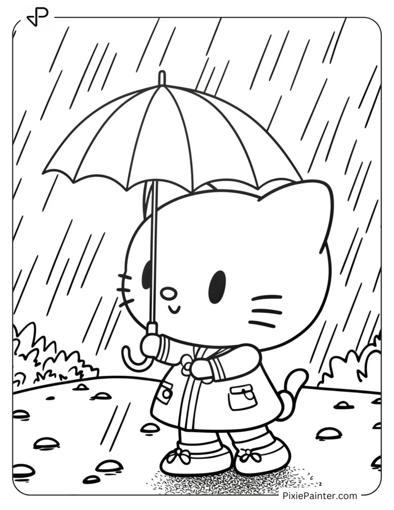 Hello Kitty Holding A Tiny Umbrella In The Rain