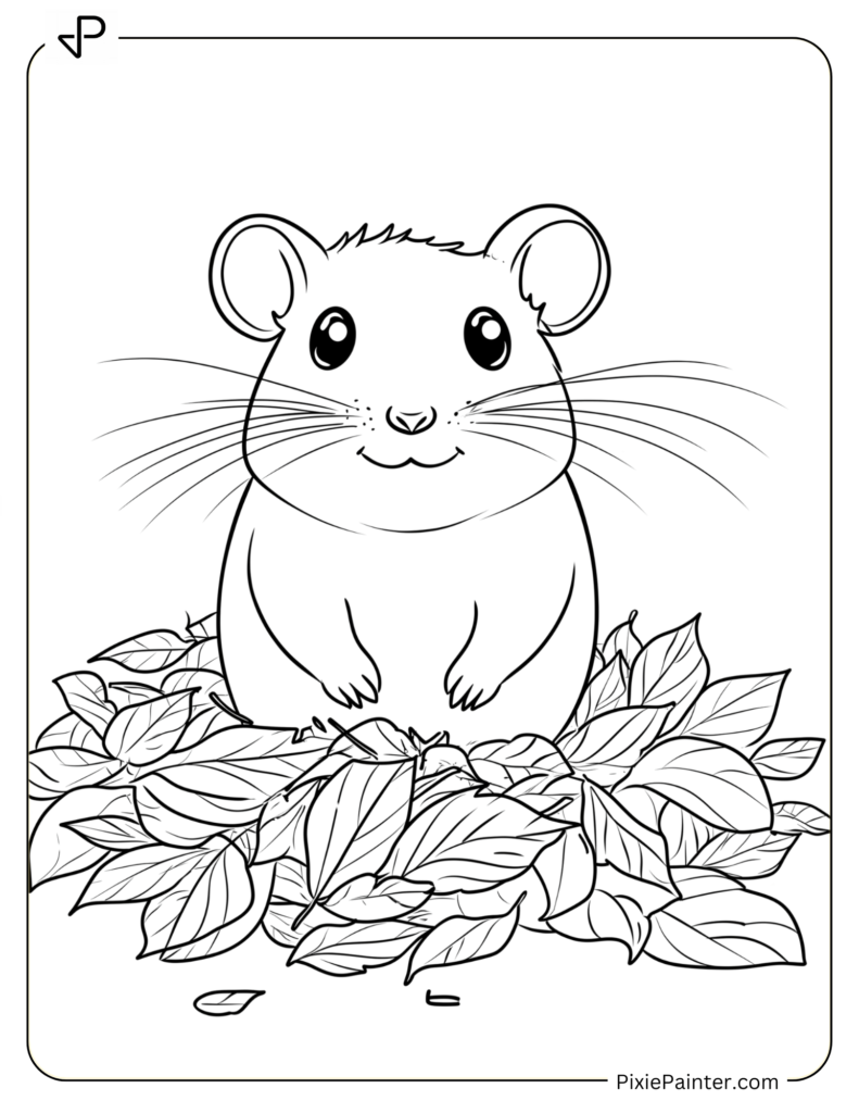 Coloring Page Where Hamster Sitting In A Pile Of Autumn Leaves