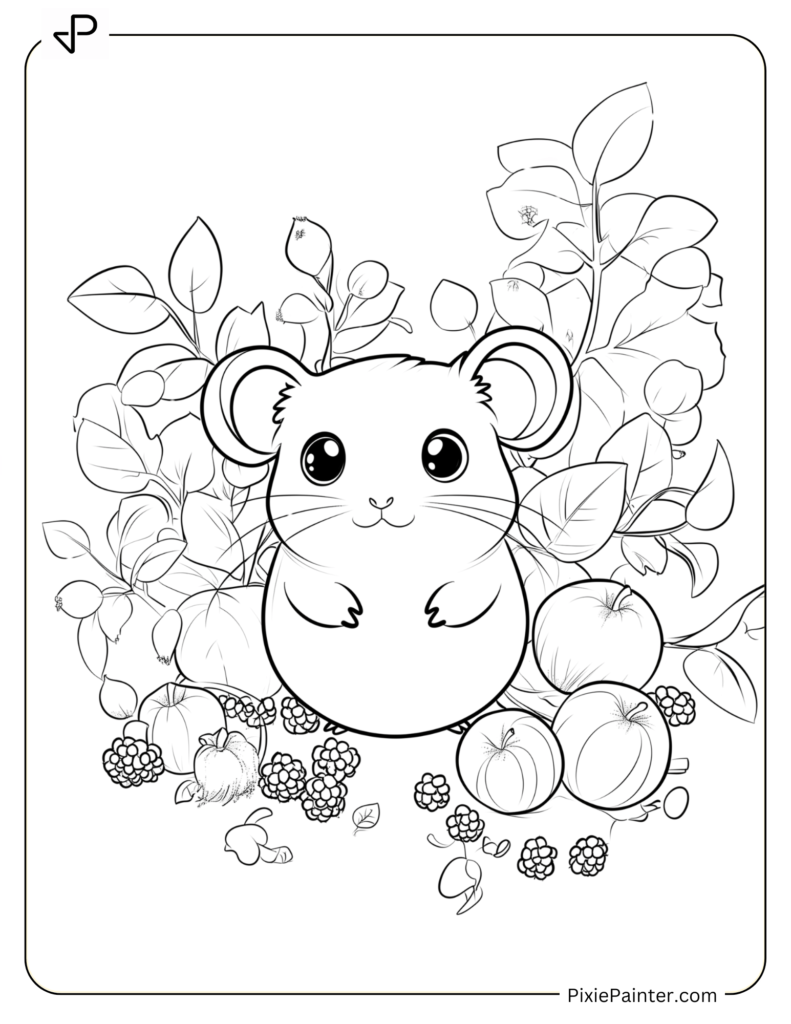 Coloring Page Where Hamster Surrounded By Apples And Tasty Berries