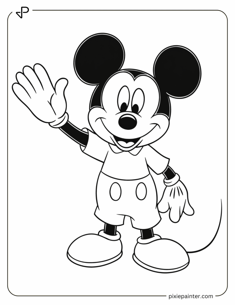 1. Mickey Mouse Waving Cheerfully- Micky mousr characters coloring pages