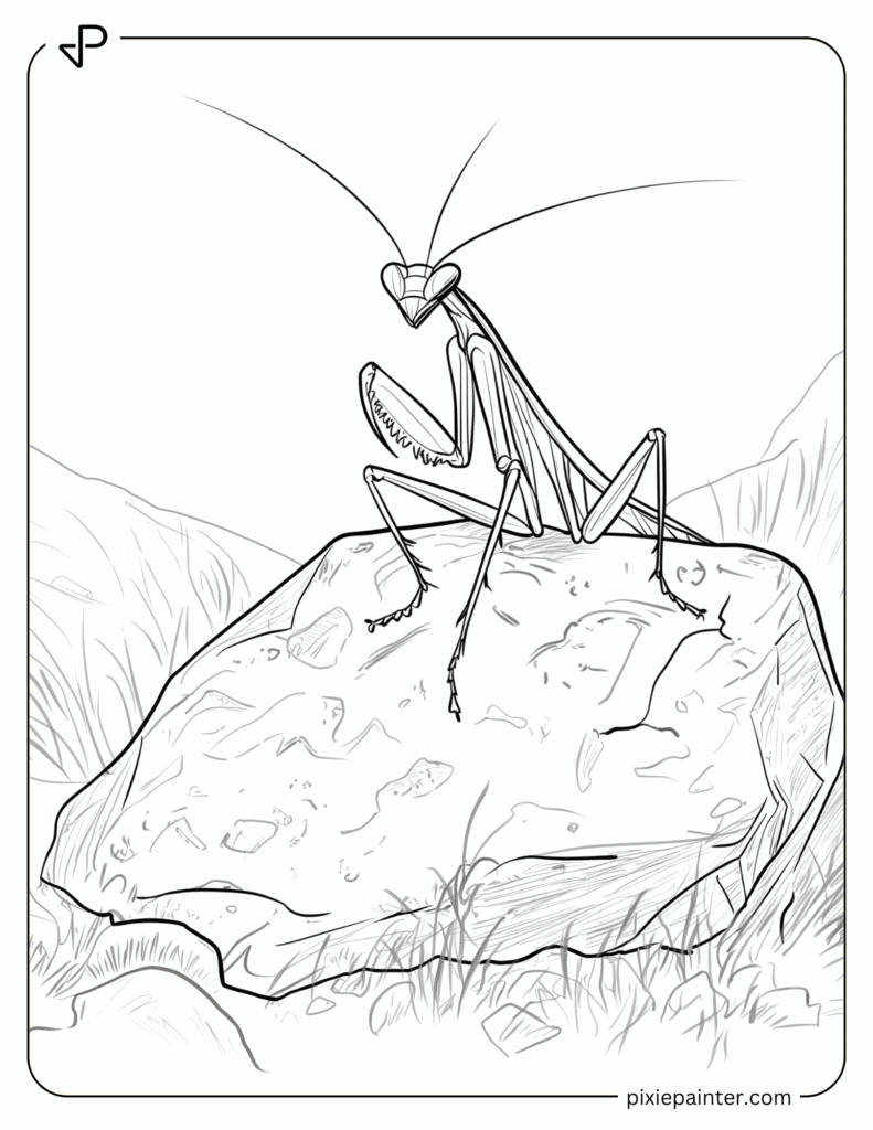 10. Curious Mantis Behind the Rock- Praying mantis coloring pages