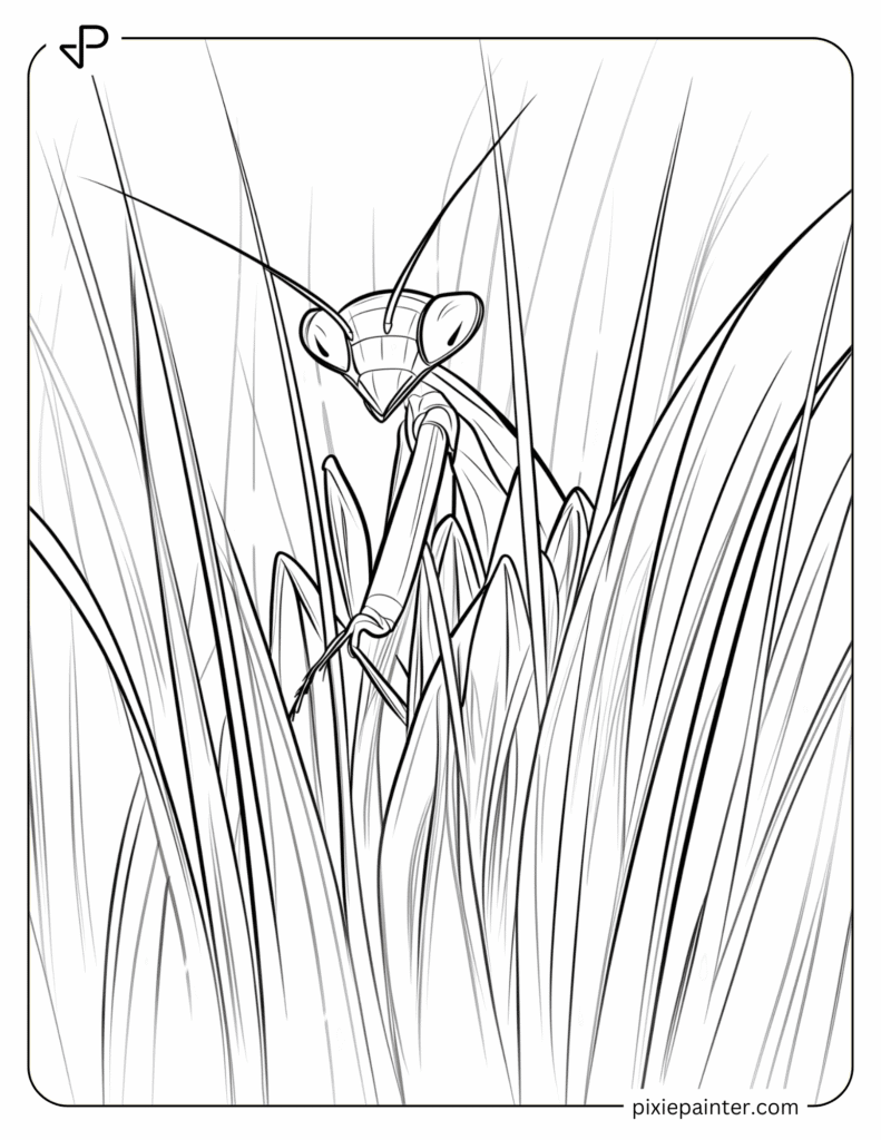 11. Baby Mantis Hiding Among the Bushes- Praying mantis coloring pages