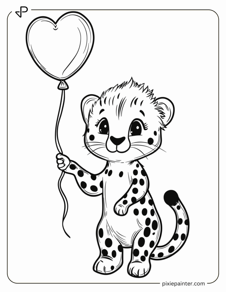 11. Cheetah Holding a Heart Balloon- coloring pages