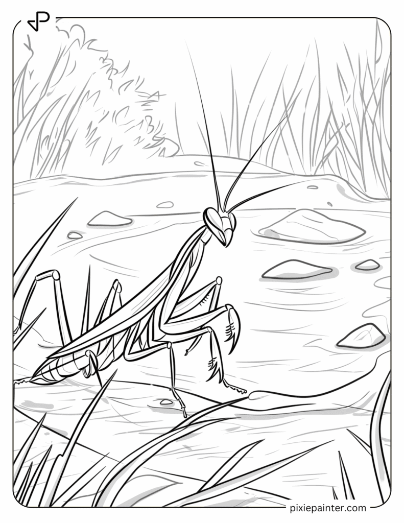 12. Baby Mantis Near a Calm Pond- Praying mantis coloring pages