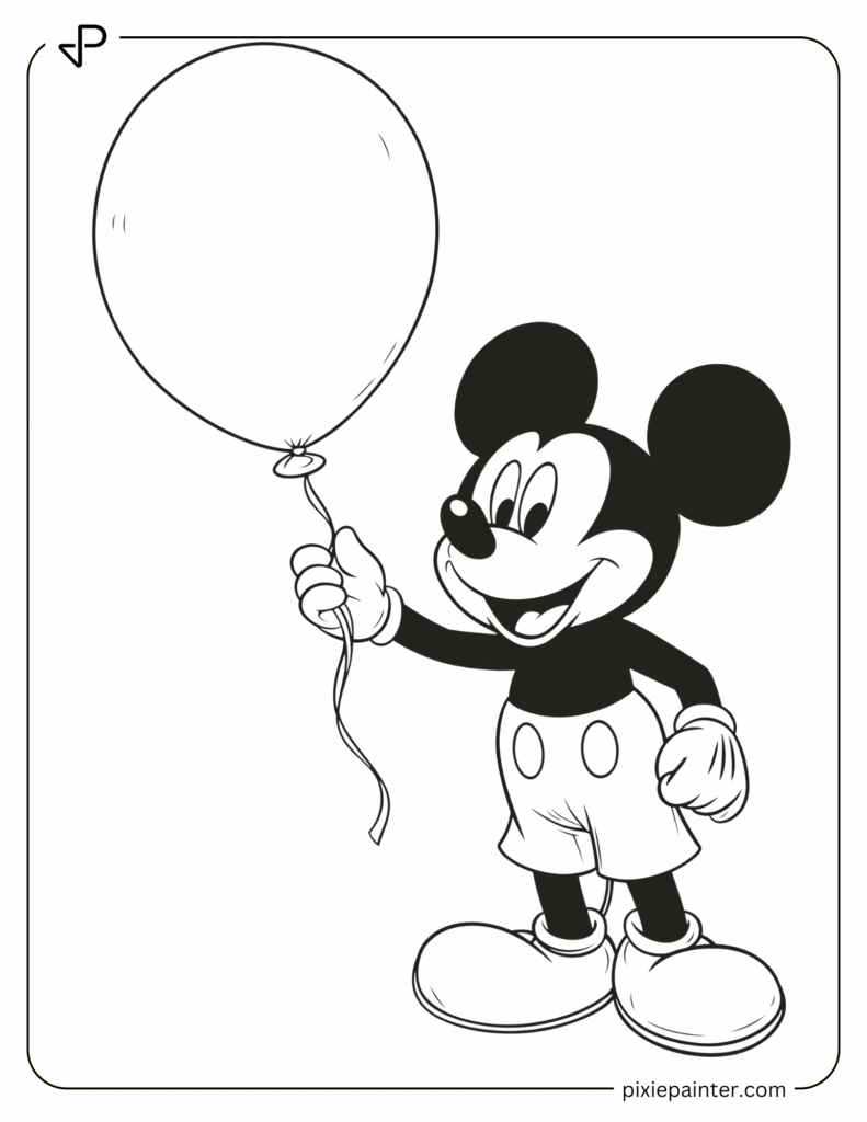 15. Mickey Mouse Holding a Balloon- Micky mousr characters coloring pages