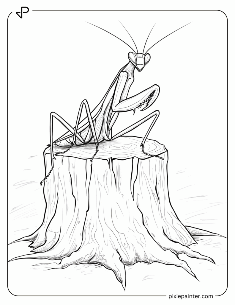 16. Curious Mantis Resting on a Tree Log