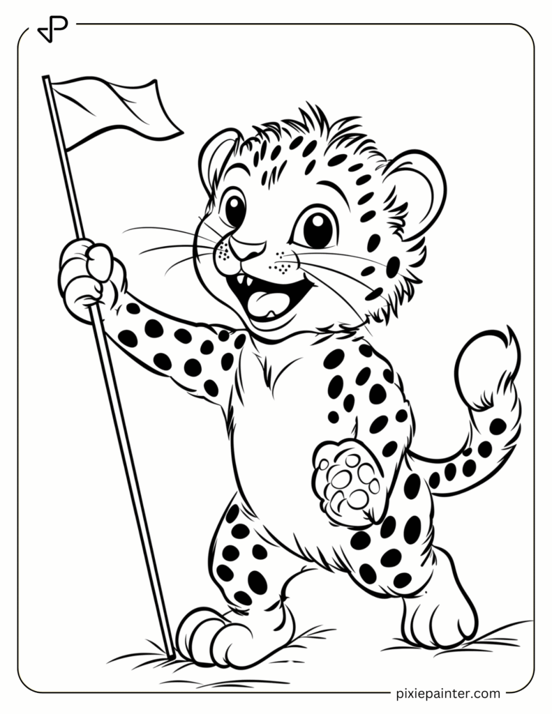 23. Happy Cheetah Holding a Tiny Flag