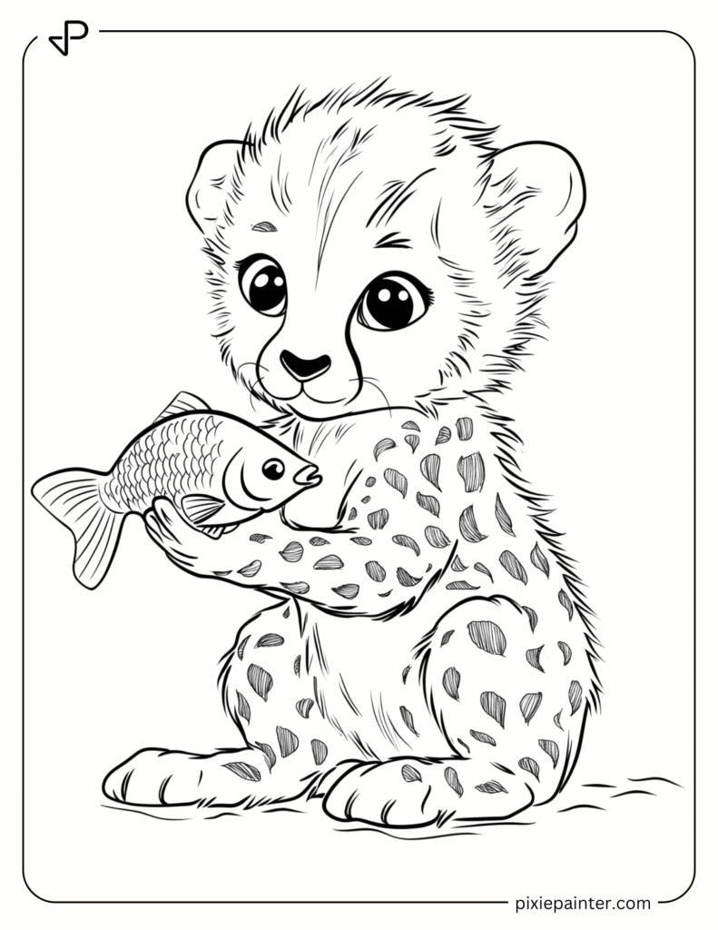 28. Curious Cheetah Holding a Tiny Fish