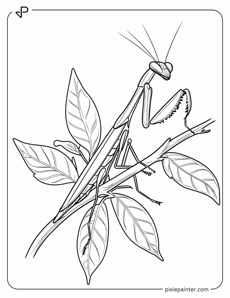 3. Mantis Perched on a Twig- Praying mantis coloring pages