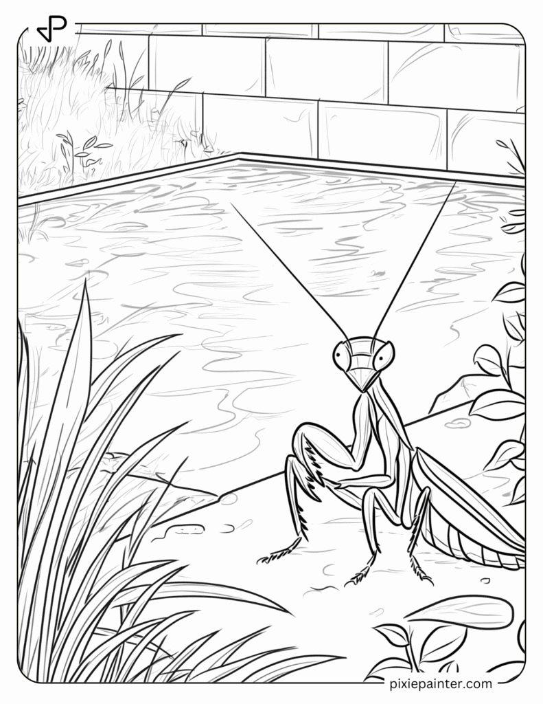 30. Baby Mantis Observing a Pond Surface