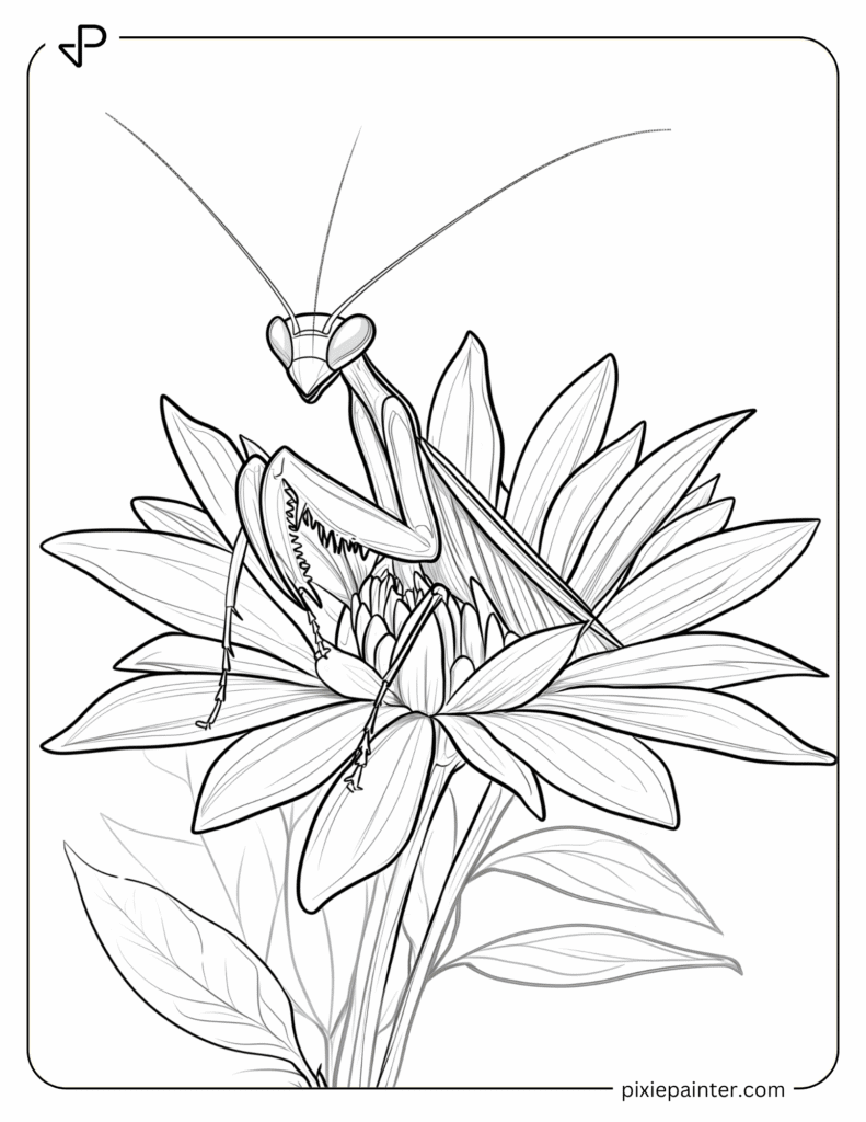 4. Cute Mantis Sleeping on Flower- Praying mantis coloring pages