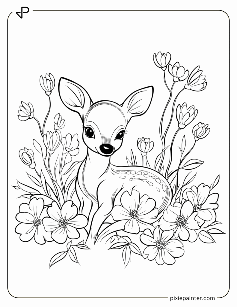 5. Baby Deer with Flowers- coloring pages