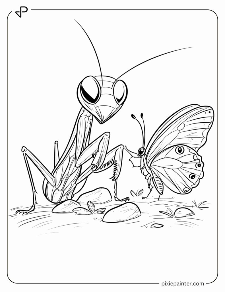 5. Mantis Playing With Butterfly- Praying mantis coloring pages