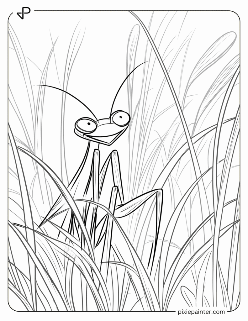 6. Smiling Mantis in Grass Field- Praying mantis coloring pages