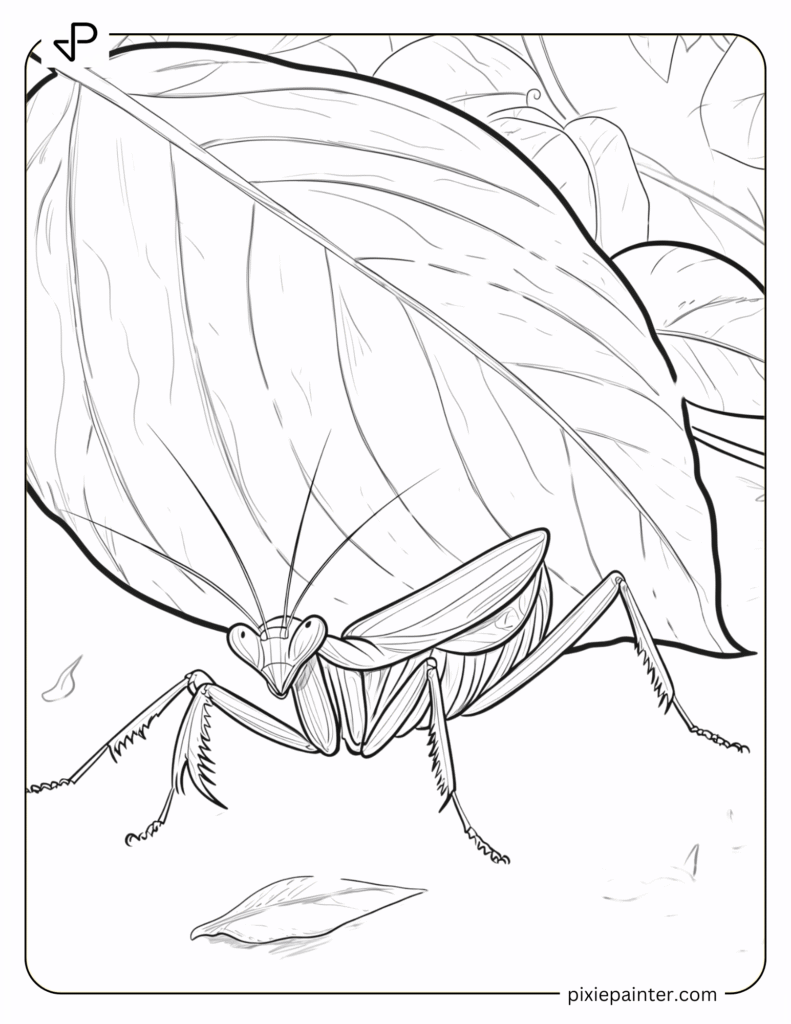 7. Playful Mantis With Big Leaf- Praying mantis coloring pages