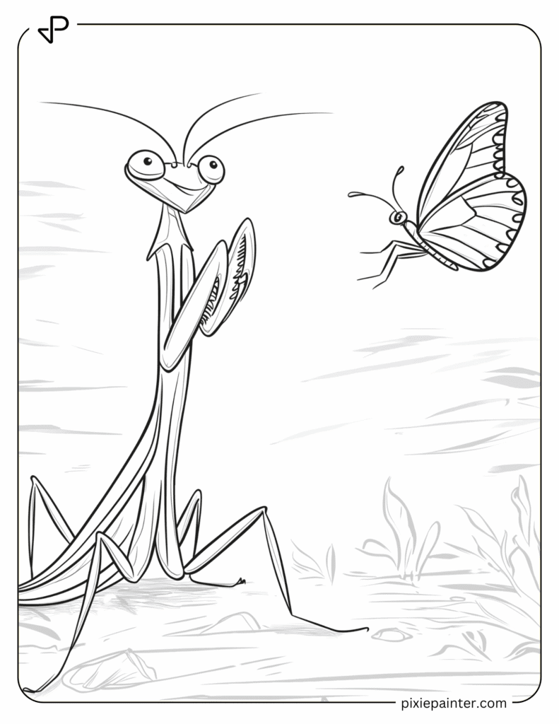 8. Baby Mantis Watching a Fluttering Butterfly- Praying mantis coloring pages
