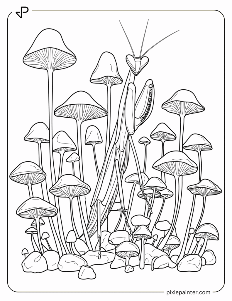 9. Mantis Among Tiny Mushrooms- Praying mantis coloring pages
