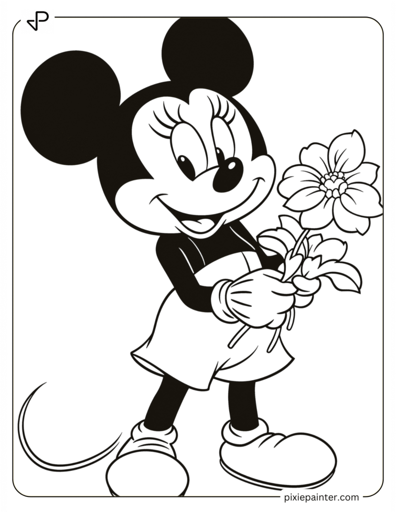 9. Minnie Mouse Holding a Flower- Micky mousr characters coloring pages