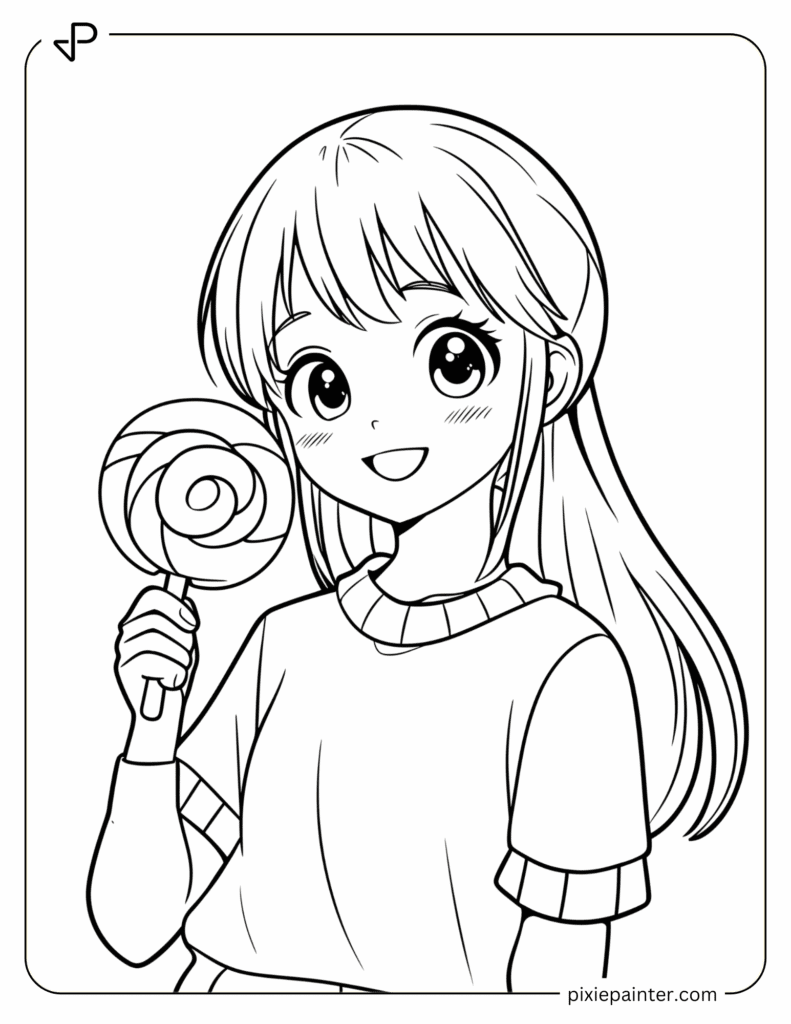 13. Happy Anime Girl Holding a Lollipop