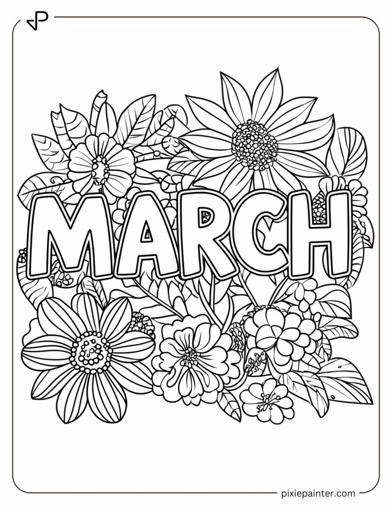 19. _March_ Word with Happy Flowers