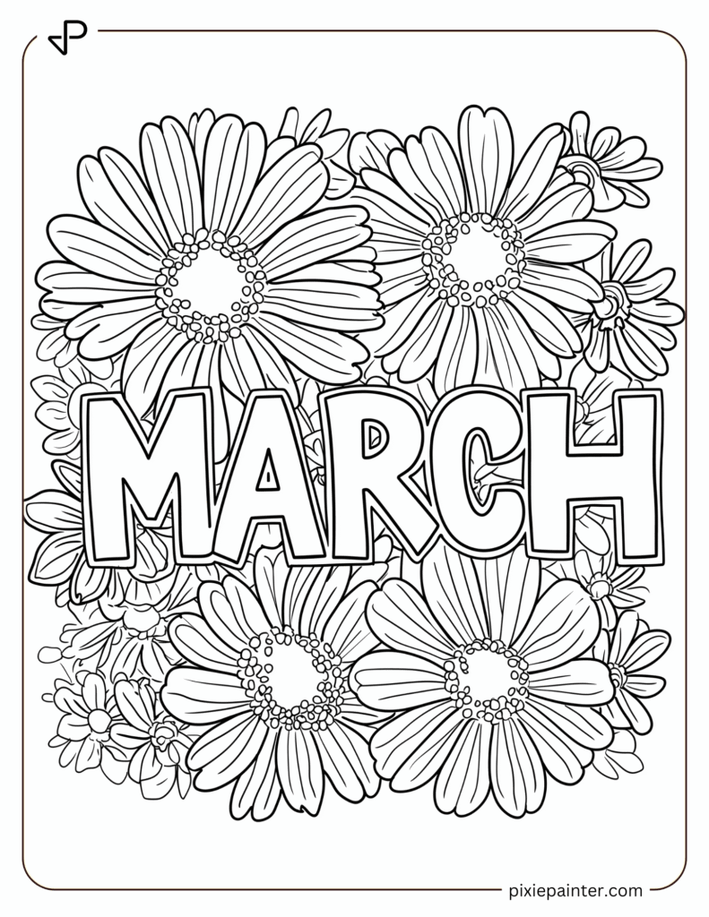 8. March Word with Floral Frame -Coloring Pages