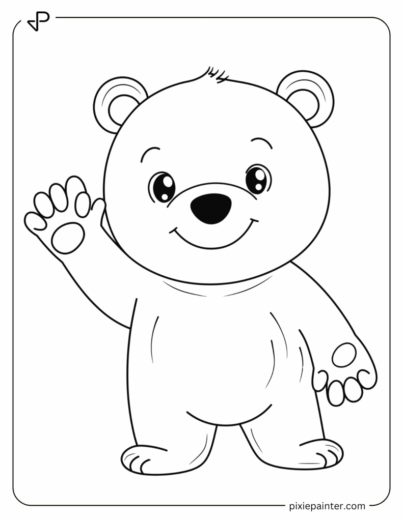 1. Cute Bear Waving With a Happy Face- Coloring pages