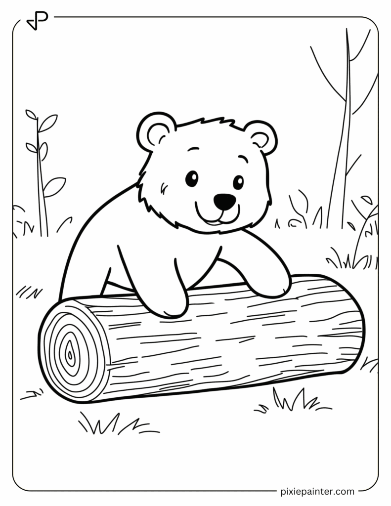10. Happy Bear Playing With Log- Coloring pages