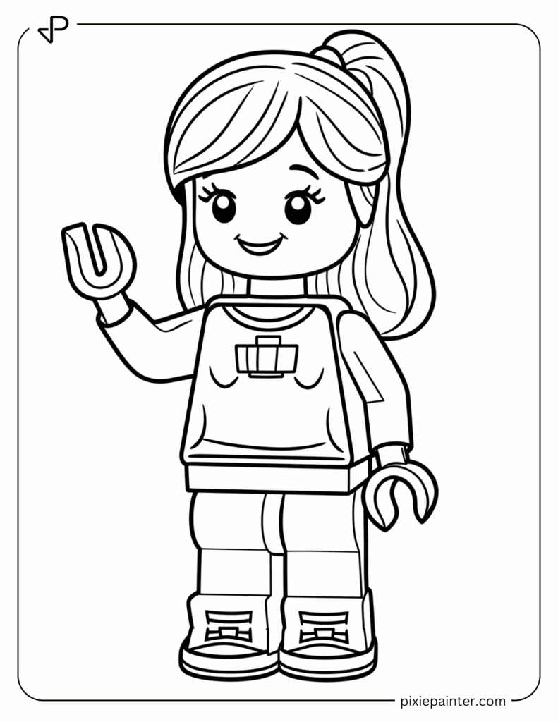 3. Cute LEGO Girl Waving-Character coloring pages