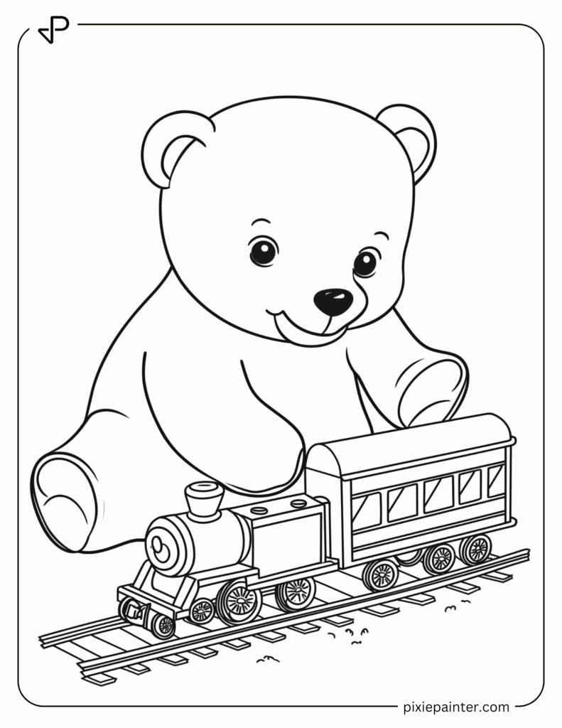 4. Cute Bear Playing With a Toy Train- Coloring pages