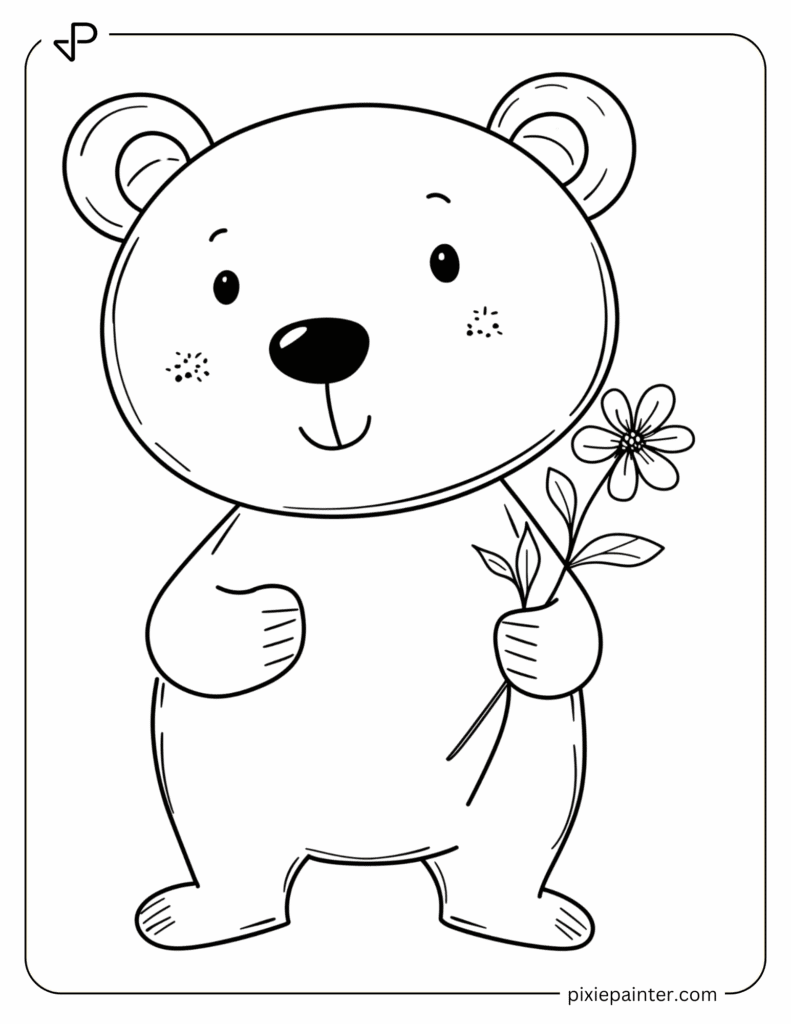 6. Cute Bear Holding a Tiny Flower- Coloring pages