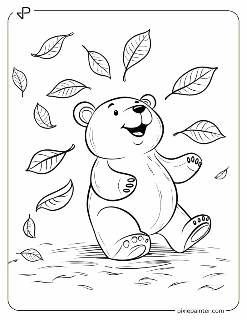 7. Cheerful Bear Playing With Leaves- Coloring pages